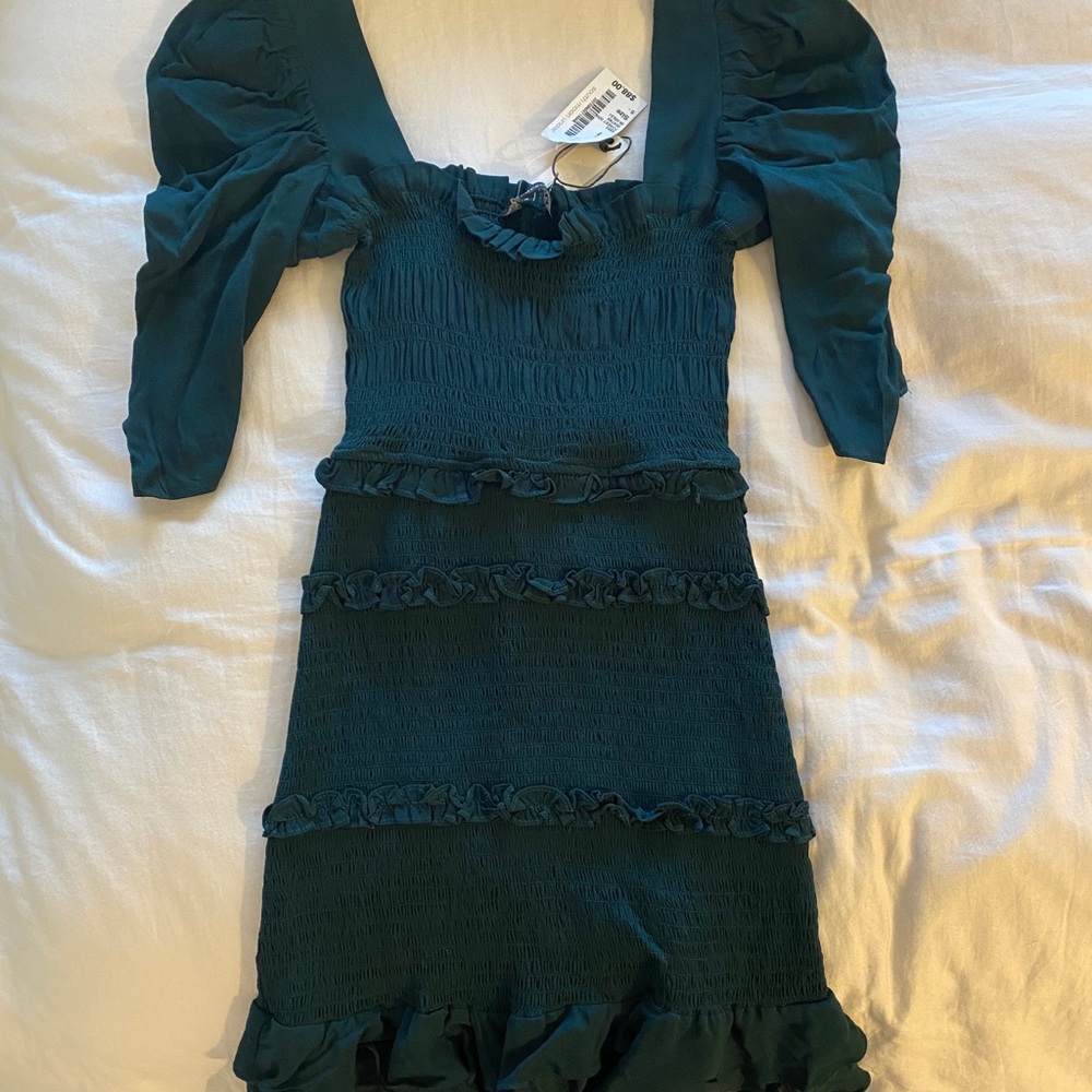 Olivaceous Forest Green Puff Sleeve Smocked Dress